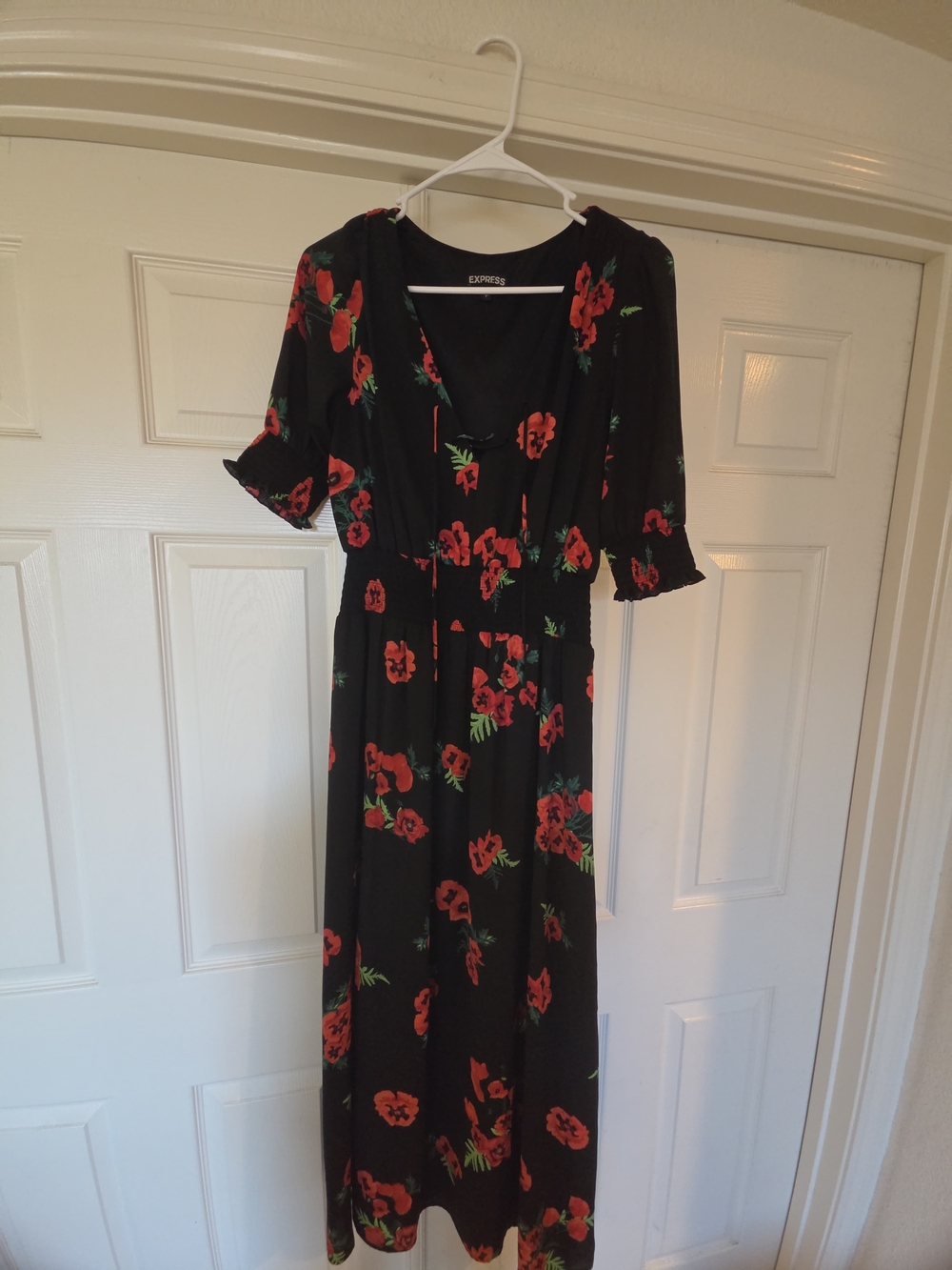 Express Black Maxi Dress with Red Floral Print